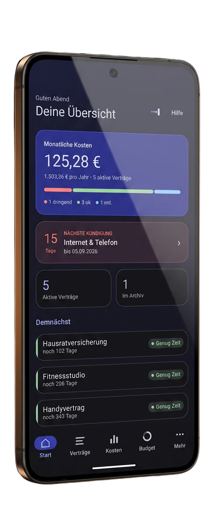Smartphone mit dem Limes-Startbildschirm: monatliche Kosten, nächste Kündigung in 15 Tagen, kommende Fristen