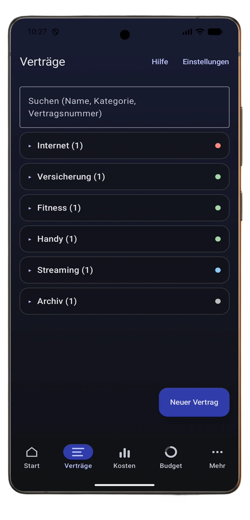 Limes-Vertragsliste: nach Kategorie gruppiert, mit Suche
